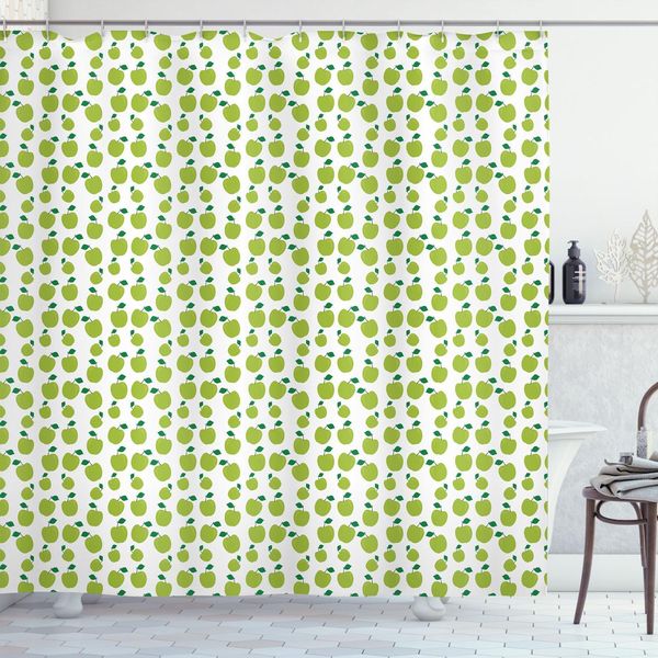 Abakuhaus Tenda Da Doccia Con Motivi Di Mele, Frutta Verde Semplice Decorazione Illustrazione Monocromatica Con Motivo Fresh Food, 175 X 180 Cm, Verde Chiaro Bianco-image