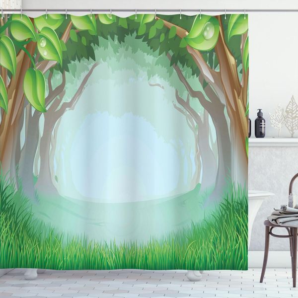 Abakuhaus Tenda Da Doccia Wald, Bellissimo Stile Cartoon Fiabesco Con Illustrazioni Di Alberi E Erba Della Foresta, 175 X 200 Cm, Multicolore-image