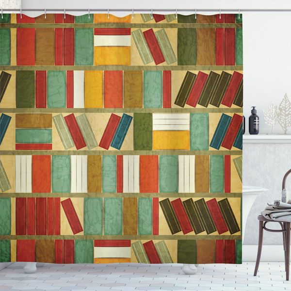 Abakuhaus Libreria Tenda Da Doccia, Stile Vintage Motivo Continuo Tema Biblioteca Effetto Acquerello Pittura, 175 X 180 Cm, Multicolore-image