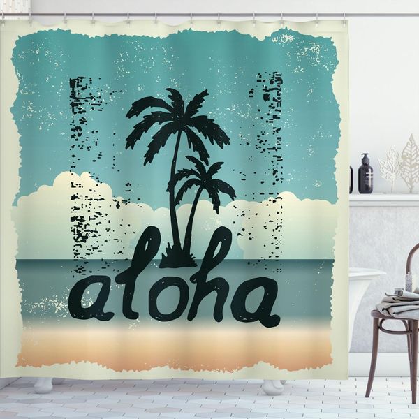 Abakuhaus Tenda Da Doccia Aloha, Tipografia Con Palme In Stile Grunge, 175 X 180 Cm, Verde Scuro Seafoam-image