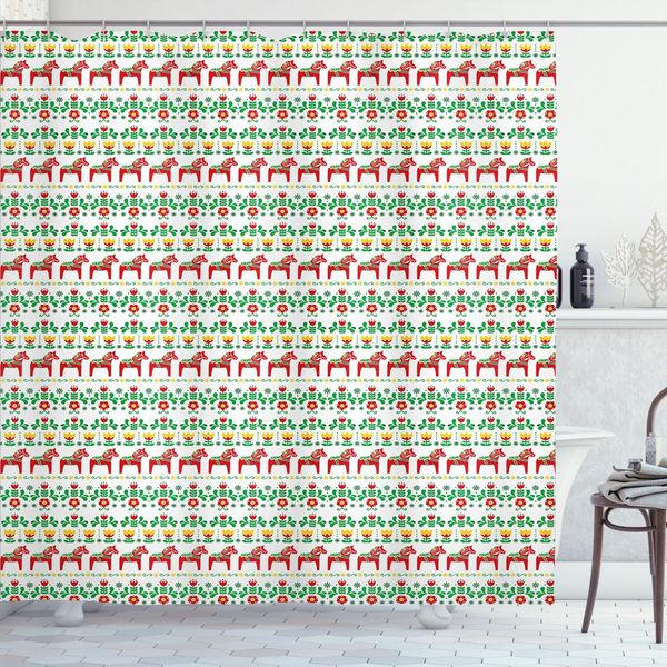 Abakuhaus Tenda Da Doccia In Stile Folk, Motivo Scandinavo Con Cavallo Dala Svedese E Fiori, 175 X 240 Cm, Verde Vermiglio-image
