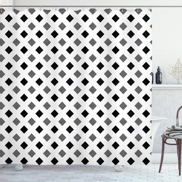 Abakuhaus Tenda Da Doccia Monocolore, Piccoli Quadrati Diagonali, Motivo Astratto Monocromatico Minimalista, 175 X 180 Cm, Grigio Antracite E Bianco-image