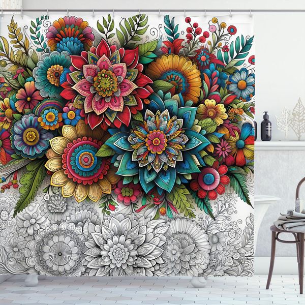 Abakuhaus Tenda Da Doccia Moderna, Illustrazione Colorata Di Fiori Orientali Con Foglie Verdi, 175 X 200 Cm, Grigio Chiaro Multicolore-image