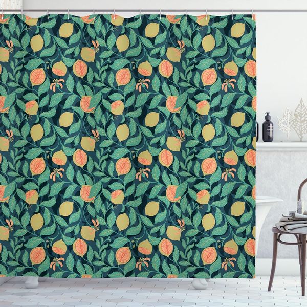 Abakuhaus Tenda Da Doccia Mandarine, Disegno Astratto Con Motivi Botanici E Agrumi Su Rami Con Foglie, 175 X 220 Cm, Multicolore-image
