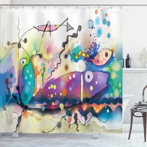 Abakuhaus Tenda Da Doccia Con Dipinto Astratto A Olio, Opera D'arte In Stile Moderno Con Macchie Di Colore E Occhi Come Forme, 175 X 180 Cm, Multicolore-image