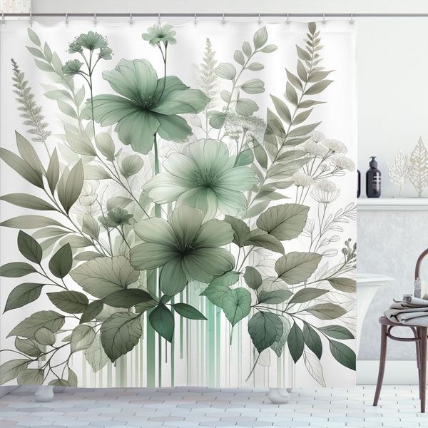 Abakuhaus Tenda Da Doccia Verde Salvia, Tonalità Nostalgiche Delicati Fiori Petali Disordine E Foglie Con Strisce, 175 X 180 Cm, Grigio Verde Acqua Blu Cadetto-image