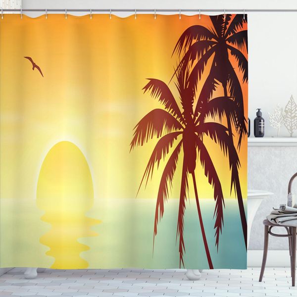 Abakuhaus Tenda Da Doccia Con Motivo Palma, Tramonto Tropicale Con Riflessi Sull'acqua E Ombre Degli Alberi Tropicali, Effetto Sfumato Cielo, 175 X 180 Cm, Multicolore-image
