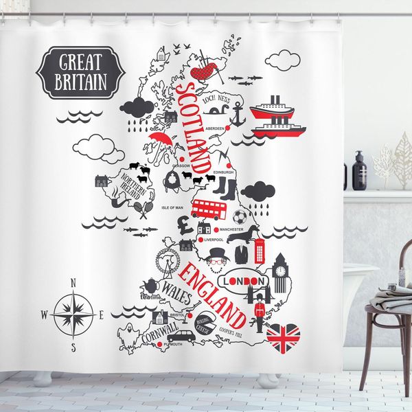 Abakuhaus Scozia Tenda Da Doccia, Gran Bretagna Inghilterra Tipografia Con Mappa E Altri Articoli Cartoon, 175 X 200 Cm, Grigio Antracite Rosso Cinabro-image