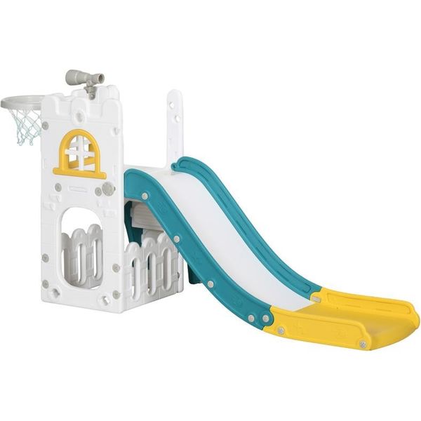 Fortuna Lai Scivolo Per Bambini, 4 In 1, Scivolo Per Bambini Piccoli Con Canestro Da Basket, Struttura Per Arrampicata Telescopica Gialla 70 X 177 X 92 Cm-image