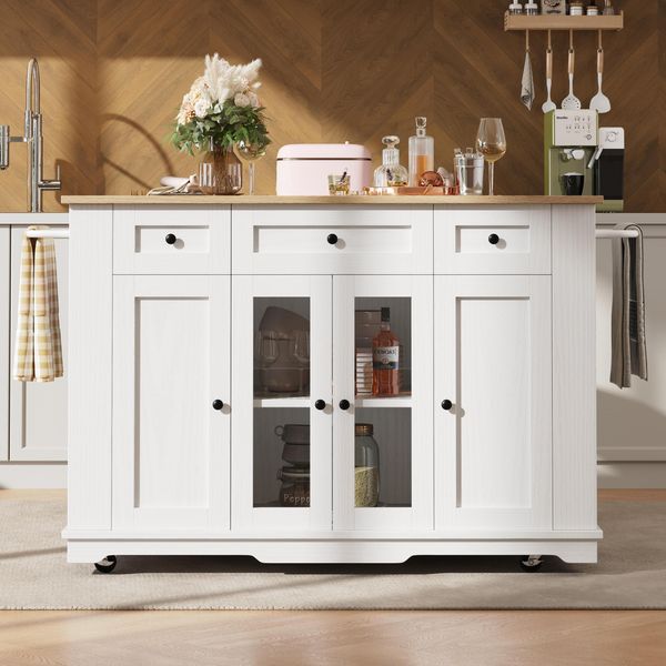 Isola Da Cucina Sweiko, Pareti Divisorie Amovibili, Mobile Da Cucina, Carrello Sala Da Pranzo Con Piano Di Lavoro, Mobile Buffet, Carrello Sala Da Pranzo Con Venature Del Legno, Mobile Buffet, Mobile In Vetro Temperato, Bianco-image