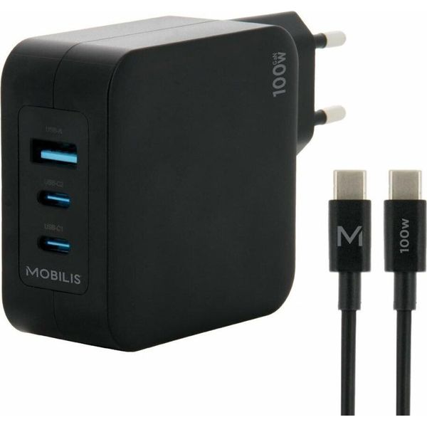 Mobilis - Alimentatore - Veloce, Gan - 100 Watt - Qc, Pd/Pps - 3 Porte Di Uscita (Usb, 2 X USB-C) - Nero - Europa (001365)-image