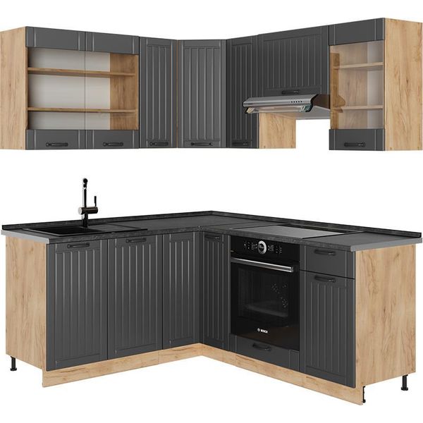 Vicco Cucina Angolare Completa Fame-Line, 190 X 60 Cm , Pl Antracite, Grigio Scuro/Quercia Dorata-image