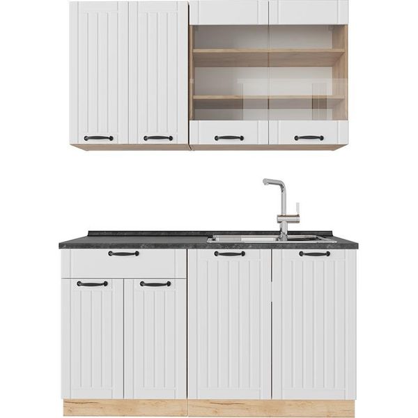 Vicco Cucina Monoblocco Fame-Line, 140 Cm Senza Piano Di Lavoro, Bianco Casa Di Campagna/Quercia Dorata-image