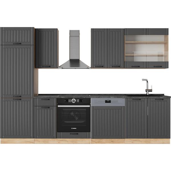 Vicco Cucina Componibile Fame-Line, 300 Cm Senza Piano Di Lavoro, Grigio Scuro/Quercia Dorata-image