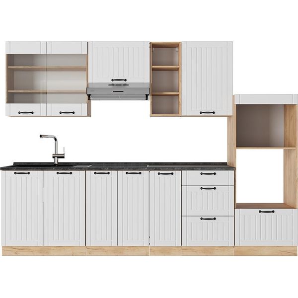 Vicco Cucina Componibile Fame-Line, 280 Cm Senza Piano Di Lavoro, Bianco Casa Di Campagna/Quercia Dorata-image