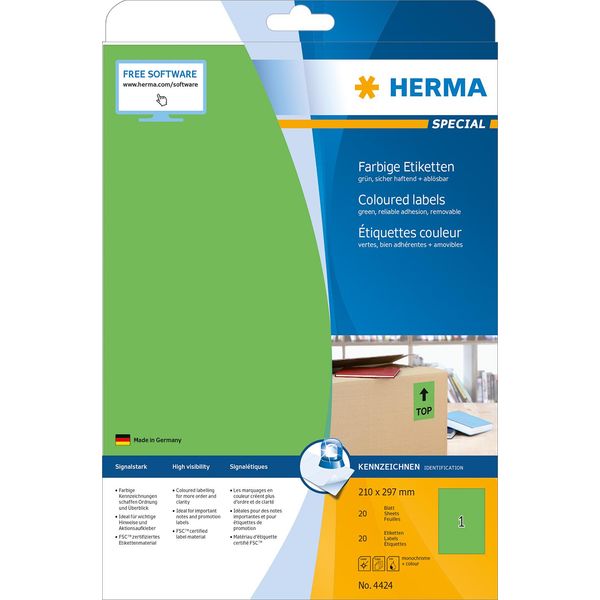Herma 4424 Etichette Herma 4424 Verde 210X297 Mm Carta Opaca 20 Pz. Rimovibili-image