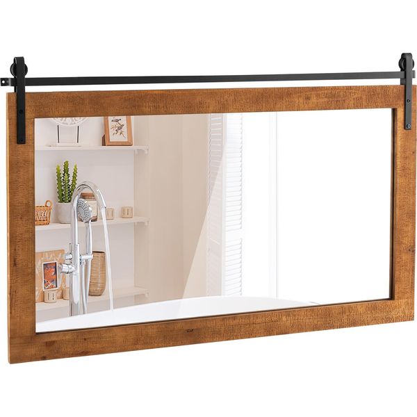 Costway Specchio Rettangolare Con Cornice In Legno, 100X66 Cm, Specchio Da Parete Rustico, Specchio Infrangibile Da Appendere Con Staffa In Metallo Per Corridoio Soggiorno-image