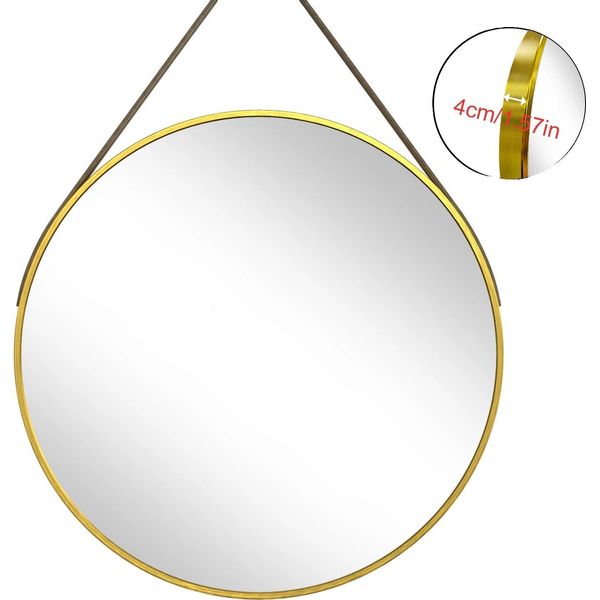 Specchio Rotondo, Cornice In Alluminio Spazzolato, Cinturino In Pelle, Oro 70CM-image