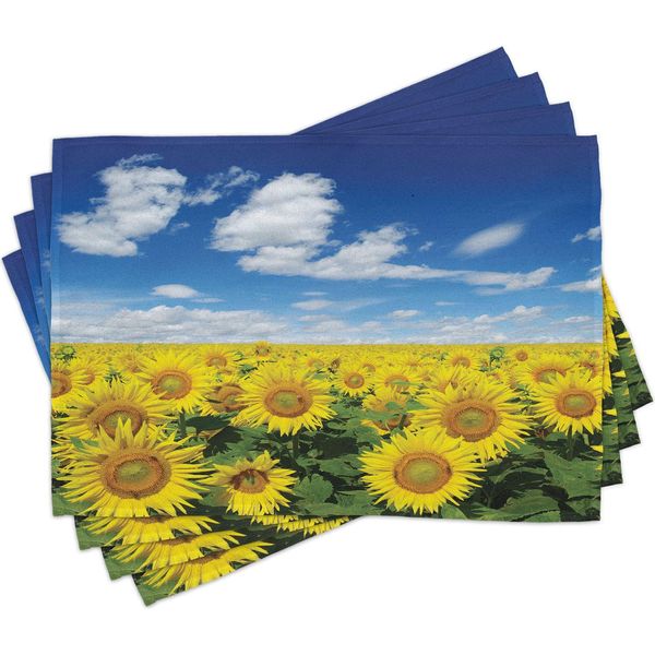 Tovagliette Abakuhaus Con Motivo Girasole, Campo Di Girasoli Freschi Sotto Un Cielo Limpido E Nuvoloso, Immagine Di Campagna E Fattoria, 30 X 45 Cm, Verde Blu Giallo-image