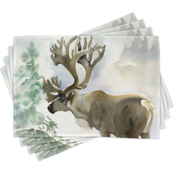 Tovagliette Abakuhaus Con Corna Di Alce, Alce In Inverno, Foresta Selvaggia, Renna, Tema Natalizio, Stile Acquerello, 30 X 45 Cm, Beige E Verde-image