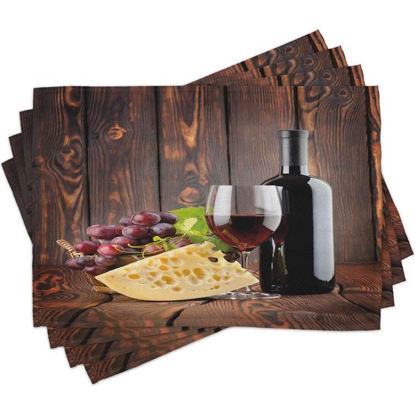 Tovagliette Abakuhaus, Bottiglia Di Vino Rosso Cabernet E Formaggio E Uva Su Stampa Di Assi Di Legno, 30 X 45 Cm, Marrone Bordeaux Crema-image