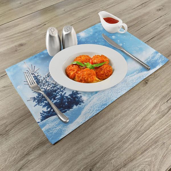Tovagliette Invernali Abakuhaus, Riproduzione Artistica Della Stagione Nevosa Con Pini Ghiacciati E Fiocchi Di Neve Che Cadono, 30 X 45 Cm, Blu E Bianco-image
