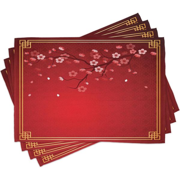 Abakuhaus Rot Tovagliette, Ramo Fiorito Di Un Ciliegio In Primavera Con Cornice Tradizionale Cinese, 30 X 45 Cm, Calendula Rosso Corallo Rosso-image
