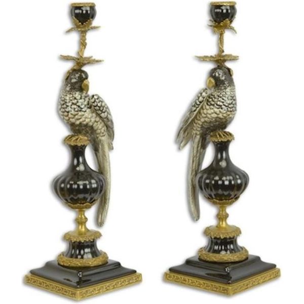 Casa Padrino Set Di Candelieri Liberty Pappagallo Nero/Oro 16,1 X 12,8 X H. 48 Cm - Eleganti Candelieri In Porcellana - Accessori Decorativi Barocchi E Liberty-image