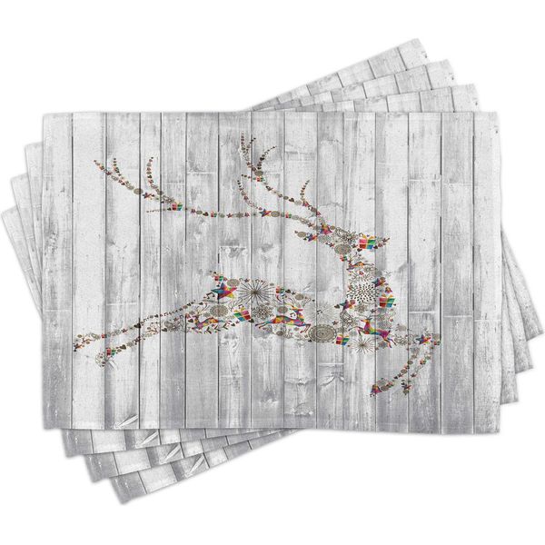 Tovagliette Abakuhaus Con Motivo Cervo, Colorate Immagini Di Animali Con Diversi Elementi Natalizi Artistici Su Assi Di Legno, 30 X 45 Cm, Multicolore Grigio-image