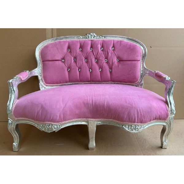 Casa Padrino Panca Barocca Per Bambini Con Pietre Scintillanti E Braccioli Rosa/Argento - Magnifica Panca Antica Per Camera Dei Bambini - Mobili Barocchi Per Bambini - Mobili Barocchi Per Camera Dei Bambini-image