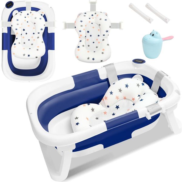 Jopassy Vasca Da Bagno Per Bambini 60,5X43X20,5Cmvasca Da Bagno Per Bambini Pieghevole Blu Pp+Pte Vasca Da Bagno Per Bambini Con Pedana Antiscivolo (Con Cuscino Di Seduta)-image
