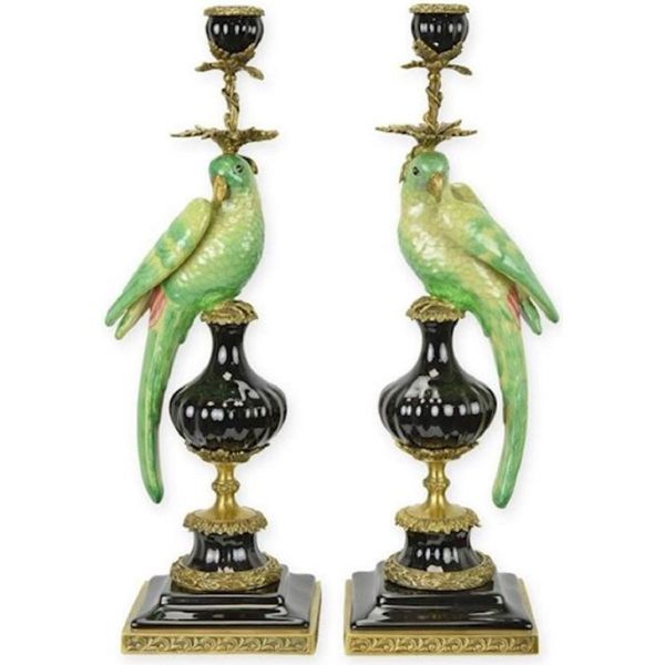 Casa Padrino Set Di Candelieri Liberty Pappagalli Verde / Nero / Ottone 16,1 X 12,8 X H. 48 Cm - Candelieri In Porcellana - Accessori Per Alberghi E Ristoranti - Accessori Barocco E Liberty-image