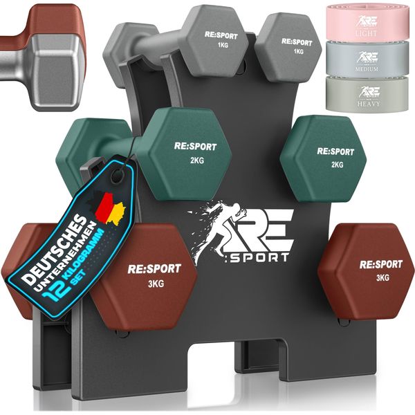 Re:Sport® Set Di Manubri Da 12 Kg Con 2×1 Kg, 2×2 Kg E 2×3 Kg Incl. Supporto E 3 Bande Fitness | Manubri In Neoprene Antiscivolo Per Uomo E Donna | Set Di Manubri Per Manubri-image