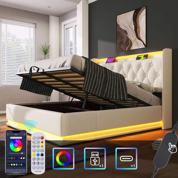 Letto Imbottito Matrimoniale, Lde 140 X 200 Cm, Materialepoliuretanobianco Letto Contenitore Idraulico, Testata Con Usb Type-C Senza Materasso-image
