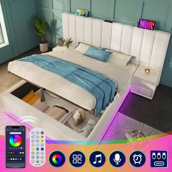 Letto Imbottito 180×200, Letto Matrimoniale Contenitore Con App Control Led, Pu, Bianco, Senza Materasso E Comodino-image