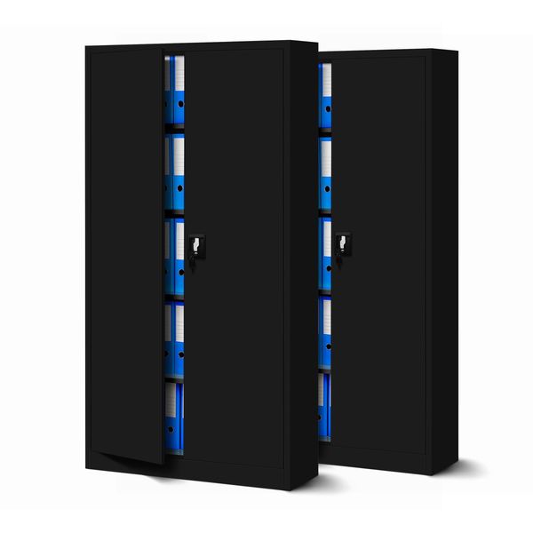 Set Di 2 Schedari C001 Armadio In Metallo Armadio In Acciaio Armadio Per Utensili Armadio Per Ufficio Armadio Per Archiviazione Armadio Universale Porte A Battente Verniciate A Polvere 185 Cm X 90 Cm X 40 Cm (Nero/Nero)-image