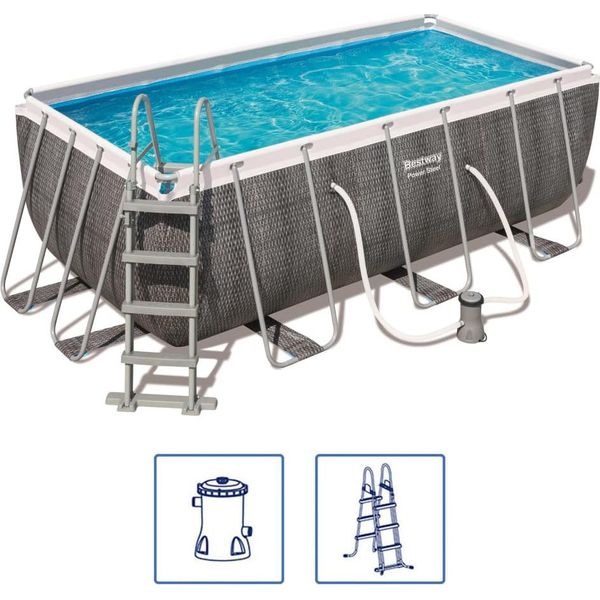 Set Piscina Bestway® Power Steel™ Frame Con Pompa Filtro 412 X 201 X 122 Cm, Look Rattan (Grigio Ardesia), Rettangolare-image