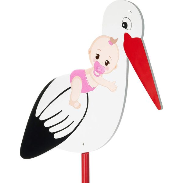Brubaker Cicogna Grande In Legno Con Rosa Baby - Cicogna Tintinnante Per Interni Ed Esterni - Cicogna Nascita Per Bambine - Regalo Nascita Alto 100 Cm, Stampato Su Entrambi I Lati-image