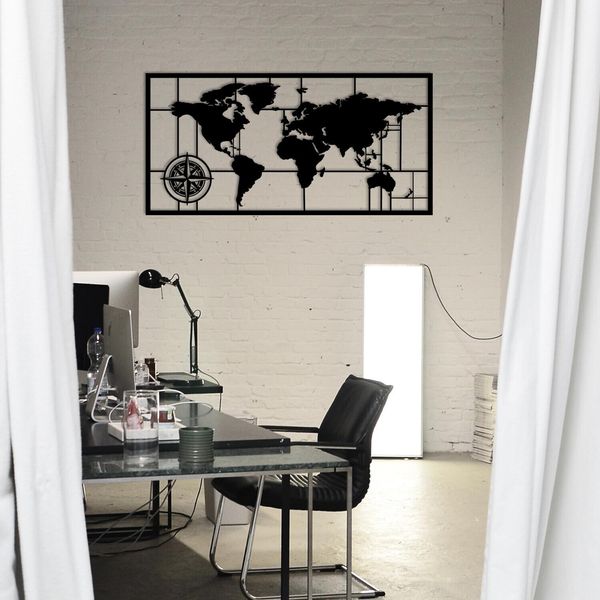 Wallity, Mappa Del Mondo In Metallo 7, Decorazione Da Parete, Nero, Metallo, 121 X 60 Cm-image