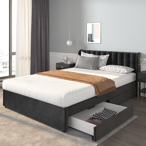 Letto Imbottito Flieks 140X200Cm Matrimoniale Con Rete A Doghe E 2 Cassetti, Letto Contenitore Letto In Legno Letto Funzionale In Velluto, Senza Materasso, Nero-image