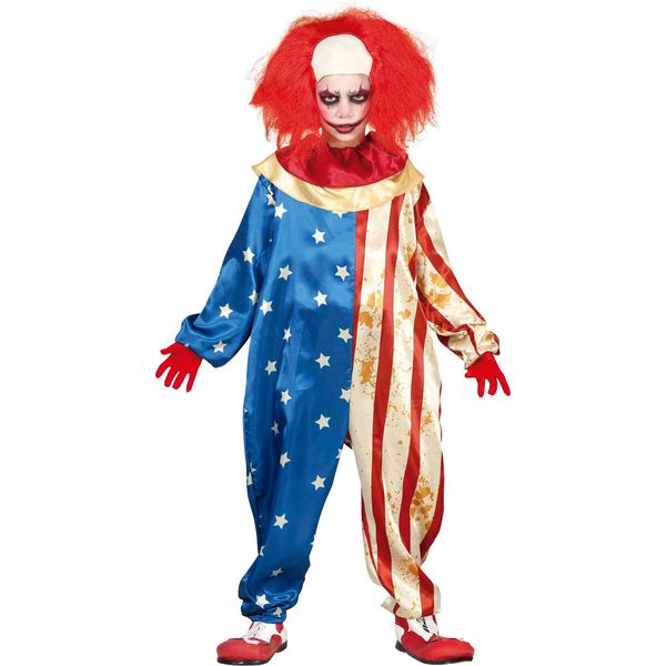Clown America Halloween Spaventoso Stelle Strisce Bambini Scherzo Figura Circo Fiaba Horror Divertimento Maschera Partito Spaventoso Tuta, Taglia: 110/116 Colore: Blu-image