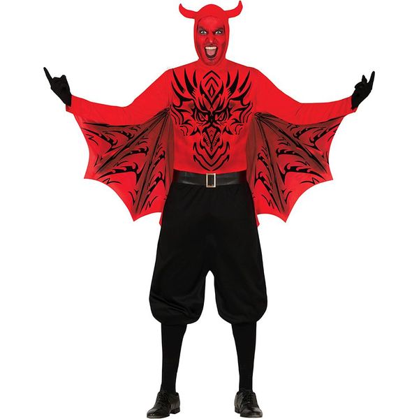 Demone Ali Creatura Halloween Costume Nero Rosso Diavolo Cappuccio Capo Partito Tuta Ali Tenebre Notte Masquerade Fantasia Forma Horror Flair, Taglia: 48 - 50 (M) Colore: Rosso-image