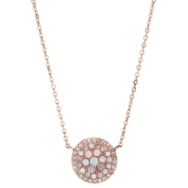Kette Mit AnhäNger Fossil "Schmuck Edelstahl Vintage Glitz Pearl Disc Pendant", Rosa (RoséGoldfarben, Perlmuttfarben, Kristallweiß), Halsketten, Damen, Edelstahl, L: 47, Mit Glasstein - Mit Perlmutt-image