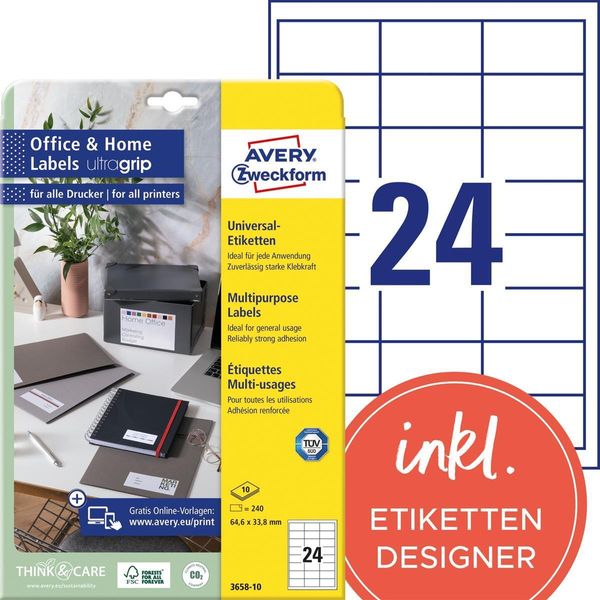 Avery Zweckform 3658-10 Etichette Universali, 64,6 X 33,8 Mm, Bianco-image