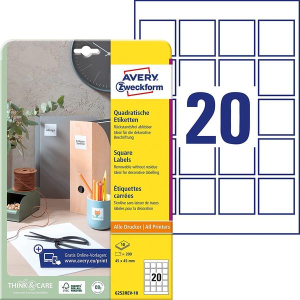 Avery Zweckform 6252REV-10 Etichette Avery Zweckform, 45 X 45 Mm, Bianco-image