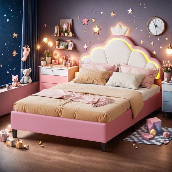 Fortuna Lai Letto Per Bambini 140X200 Cm Letto Imbottito In Velluto Rosa Con Luci Led, Letto A Corona Letto Principessa Per Ragazze, Letto Singolo A Doghe, Senza Materasso (140X200 Cm)-image