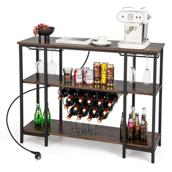 Armadio Wine Bar Costway, Scaffale Per Vino Con Ripiani, Portabicchieri, Portabottiglie E Prese, Supporto Per Elettrodomestici Di Facile Manutenzione Per Casa, Cucina, Bar-image