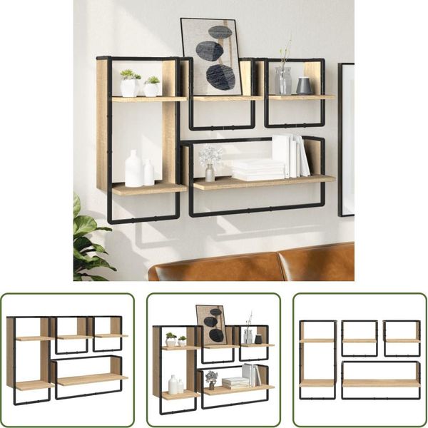 The Living Store Set Di Mensole Da Parete 4 Pezzi Con Aste Materiale In Legno Rovere Sonoma-image