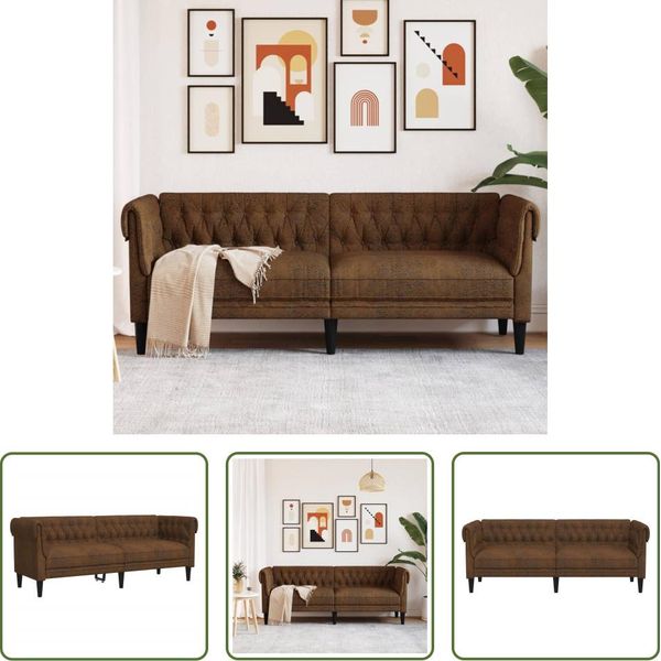 The Living Store Divano Chesterfield 3 Posti In Tessuto Marrone-image