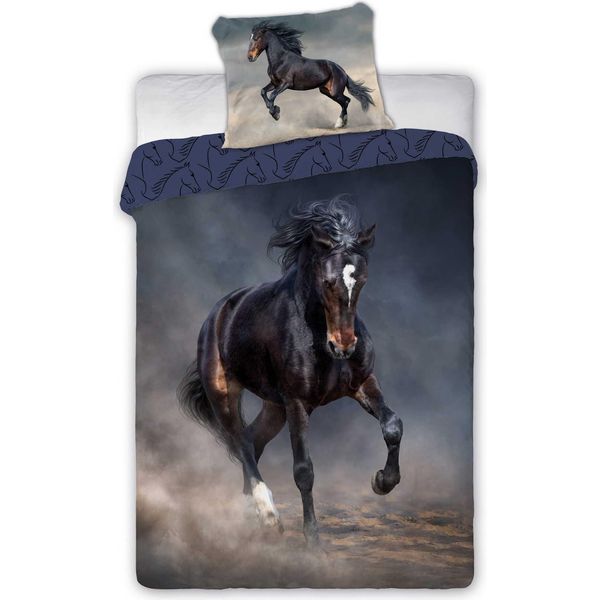 Faro Cotone Biancheria Da Letto 160X200 Cavallo Tornado Nero Blu Scuro Cavalli 004 Federa Per Ragazzi 70X80-image